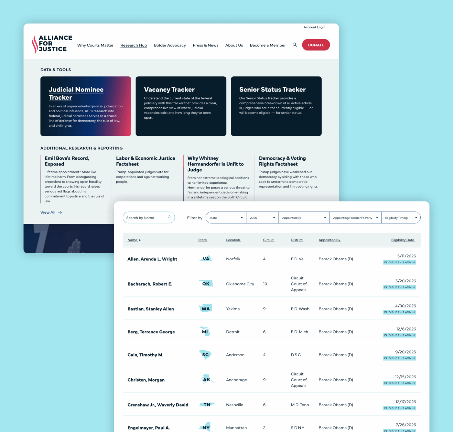 Desktop mockup of the data tools and legislation tracker from the Alliance for Justice website