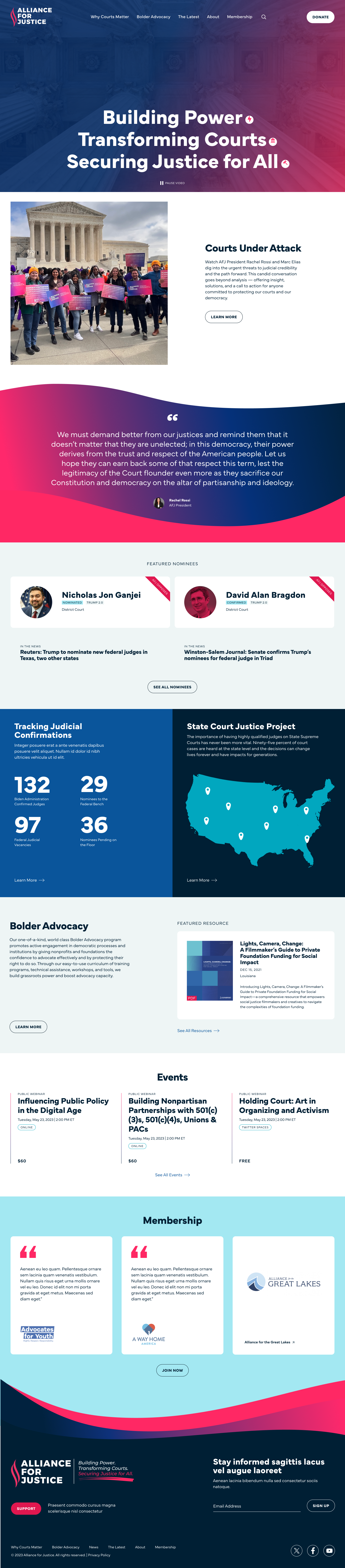 Desktop design of the Alliance for Justice homepage