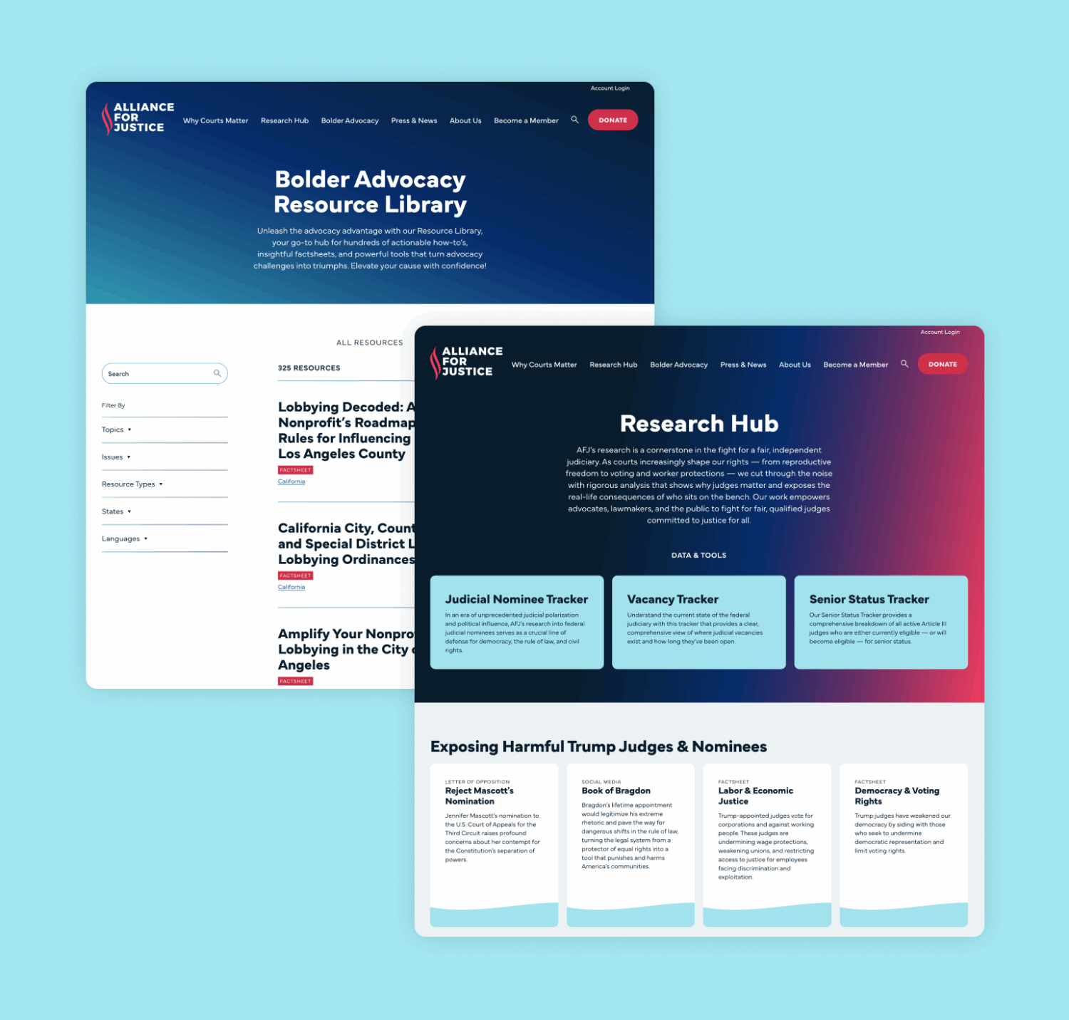 Desktop designs of the Alliance for Justice resource and research hubs
