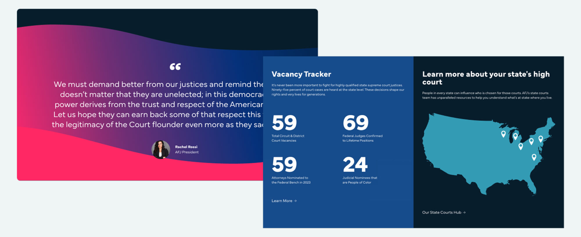 Desktop designs from the Alliance for Justice website with a quote and data visualization