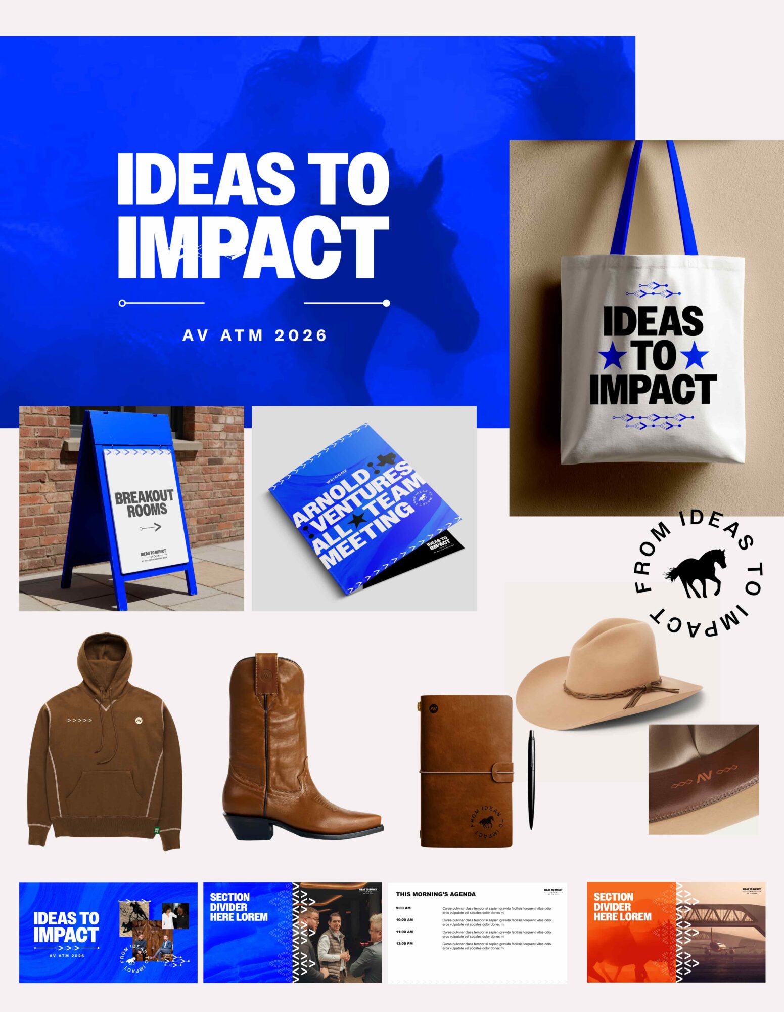 A selection of campaign logo, branding, collateral mockups for Arnold Ventures' Annual Team Meeting