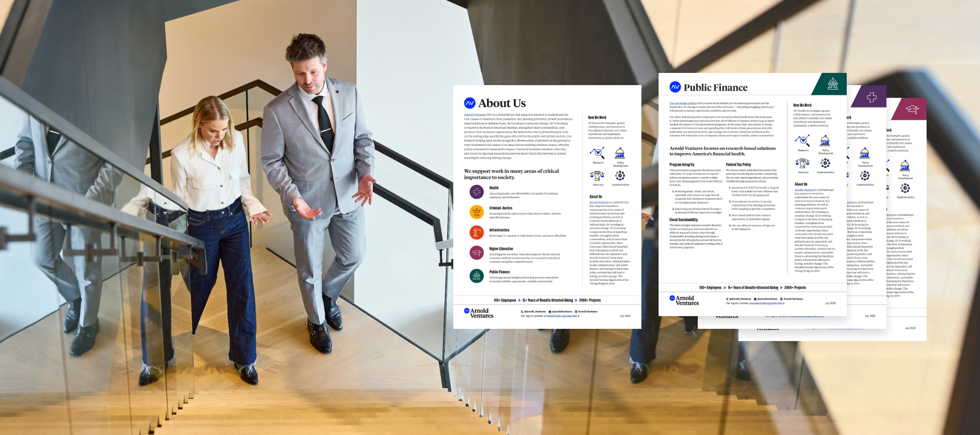 Professional photography for Arnold Ventures' promotional material, layered with some core document templates