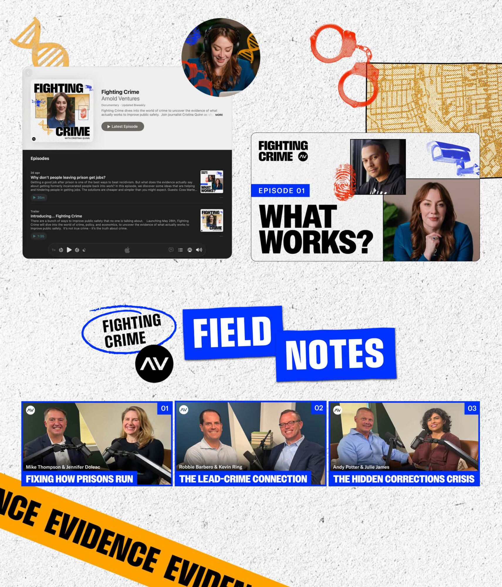 Showcase of final collateral for the Fighting Crime series of podcasts