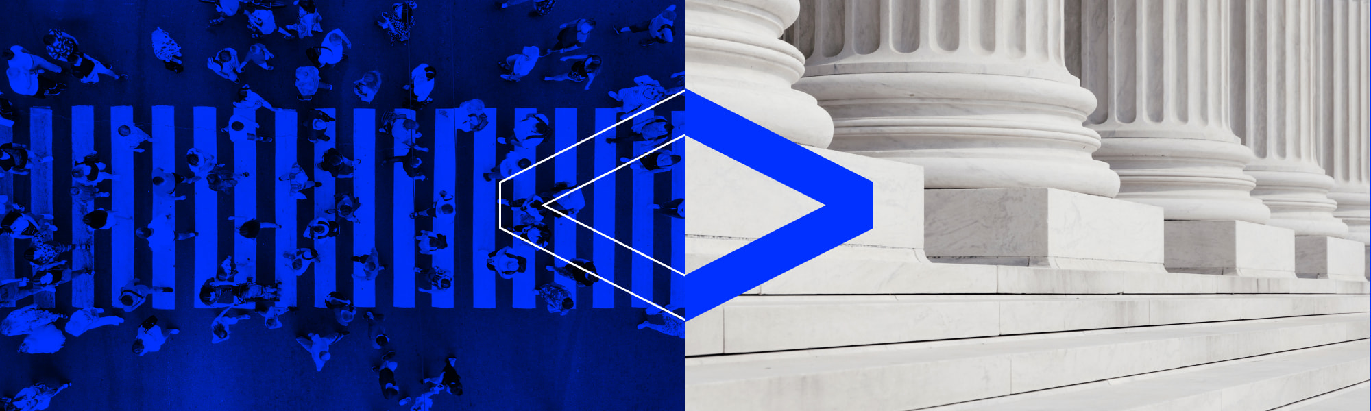 Branded, split screen image showing people + government with < > between.