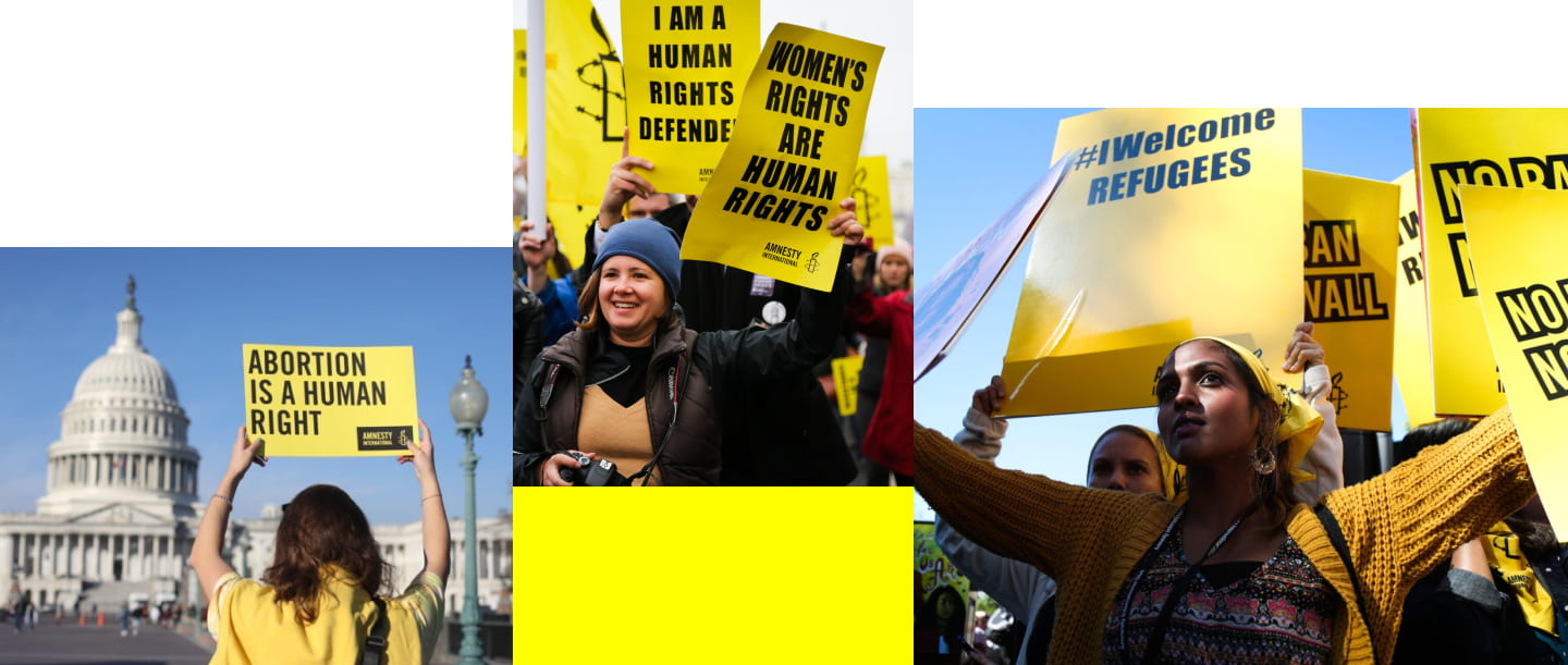 Collage of various photos of Amnesty protestors holding yellow, branded signs.