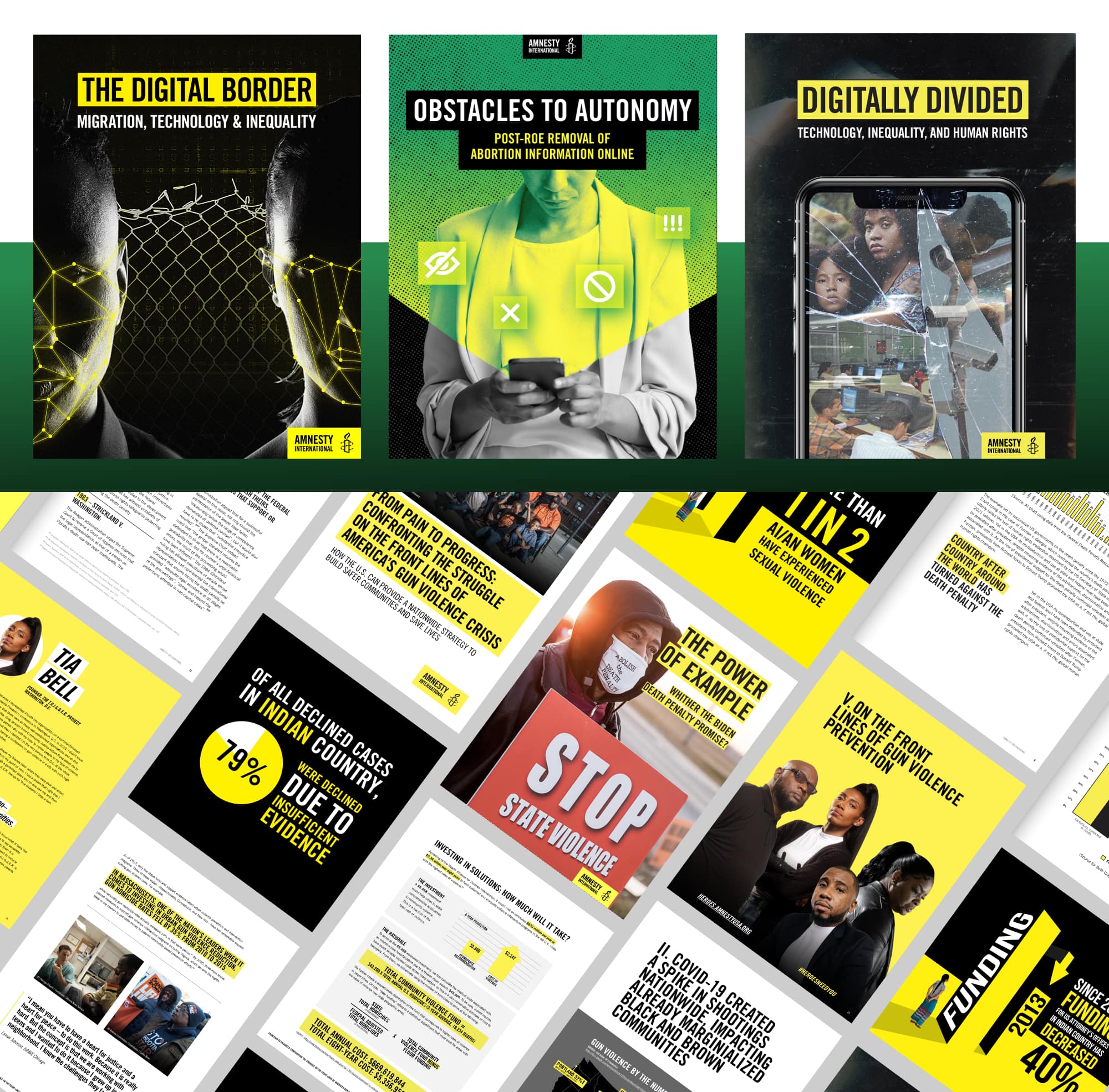 Collage of Amnesty report cover designs and report pages
