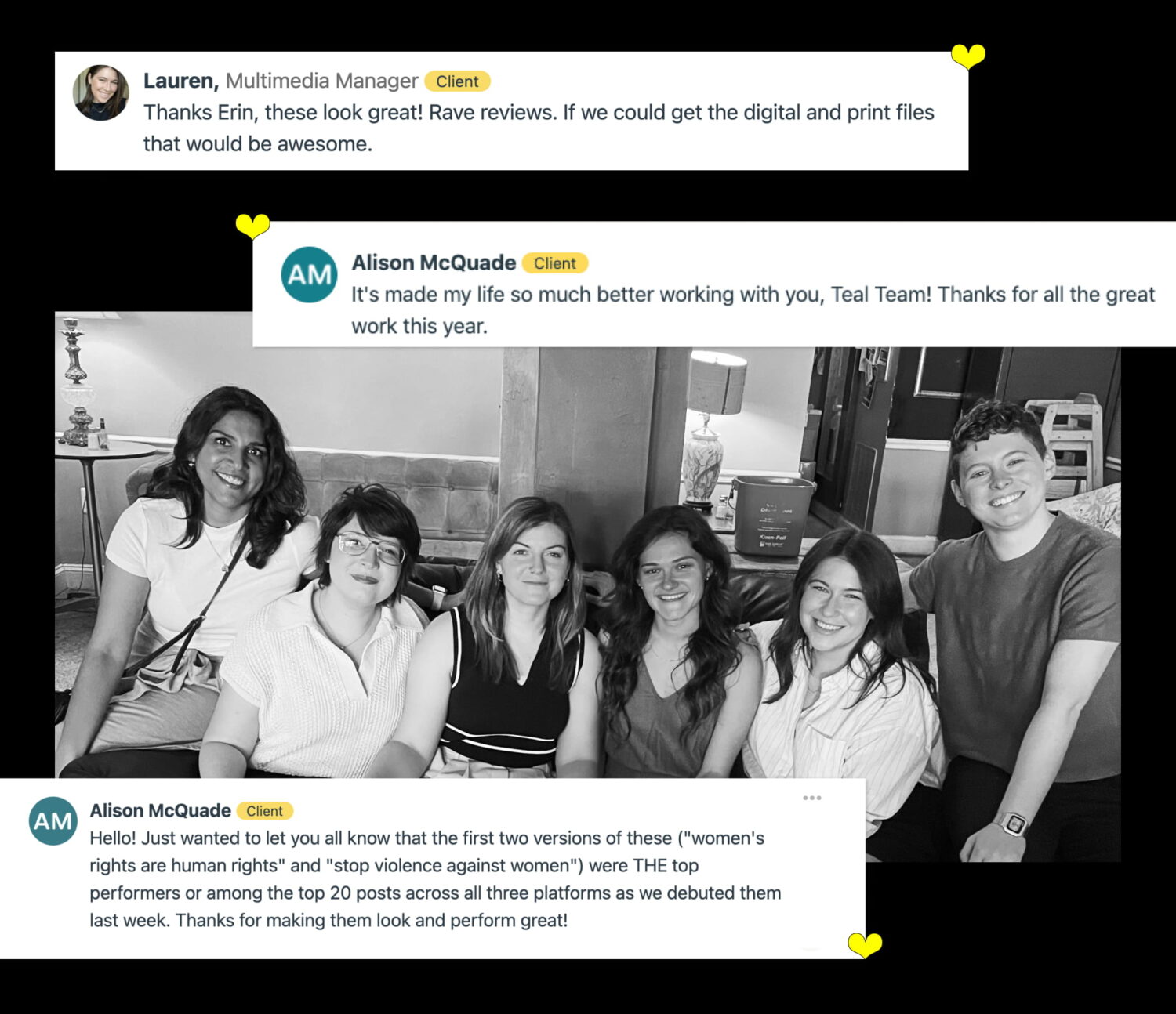 Group photo of smiling Teal team members with Amnesty contact, Laurn Murphy along with collaged screenshots of positive client reviews