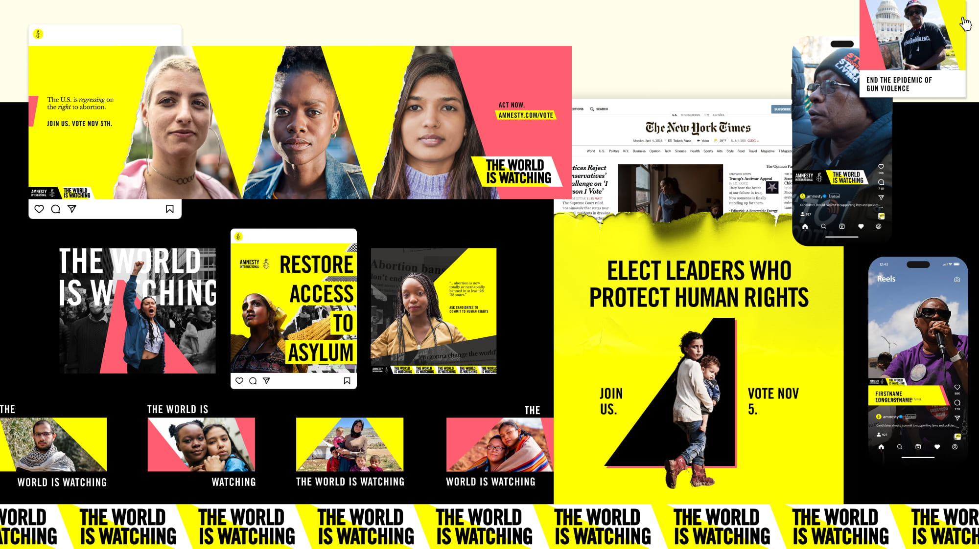 Collage of Amnesty Election campaign designs including print ads, instagram posts, and web elements.