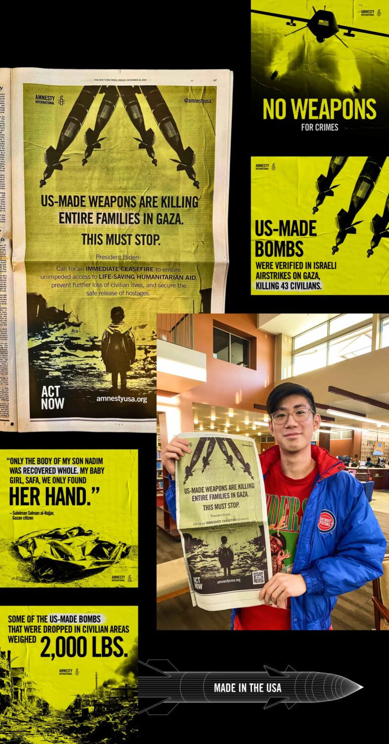 Amnesty USA Ceasefire Now campaign for Gaza: New York Times print ad and Instagram graphics
