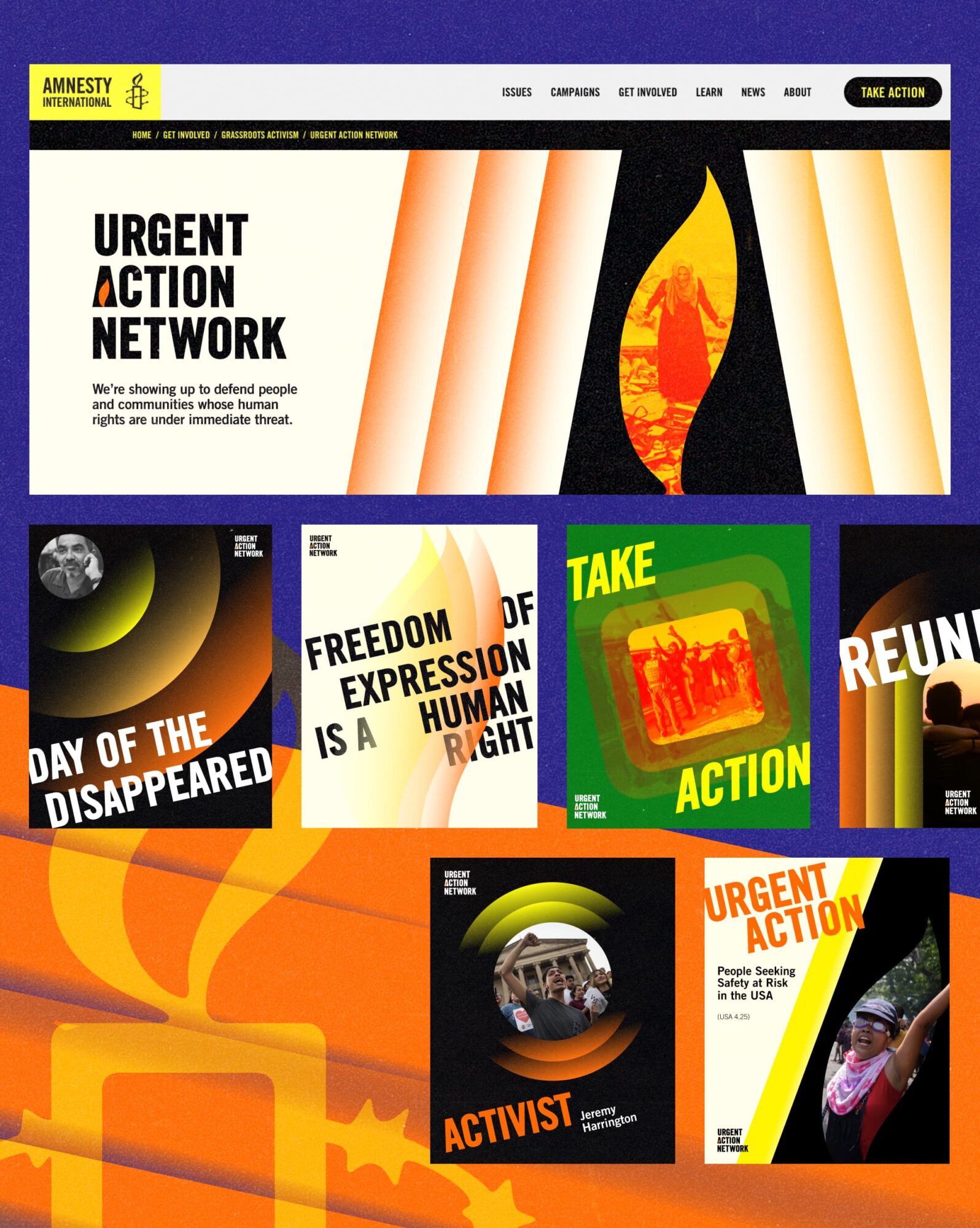 Collage of brand design for Urgent Action Network including top half of the website and Instagram graphics