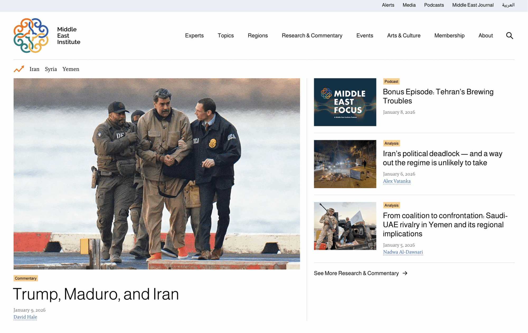 Screenshot of the Middle East Institute website showing a featured article titled “Trump, Maduro, and Iran” with a photo of Nicolás Maduro being escorted by law enforcement.