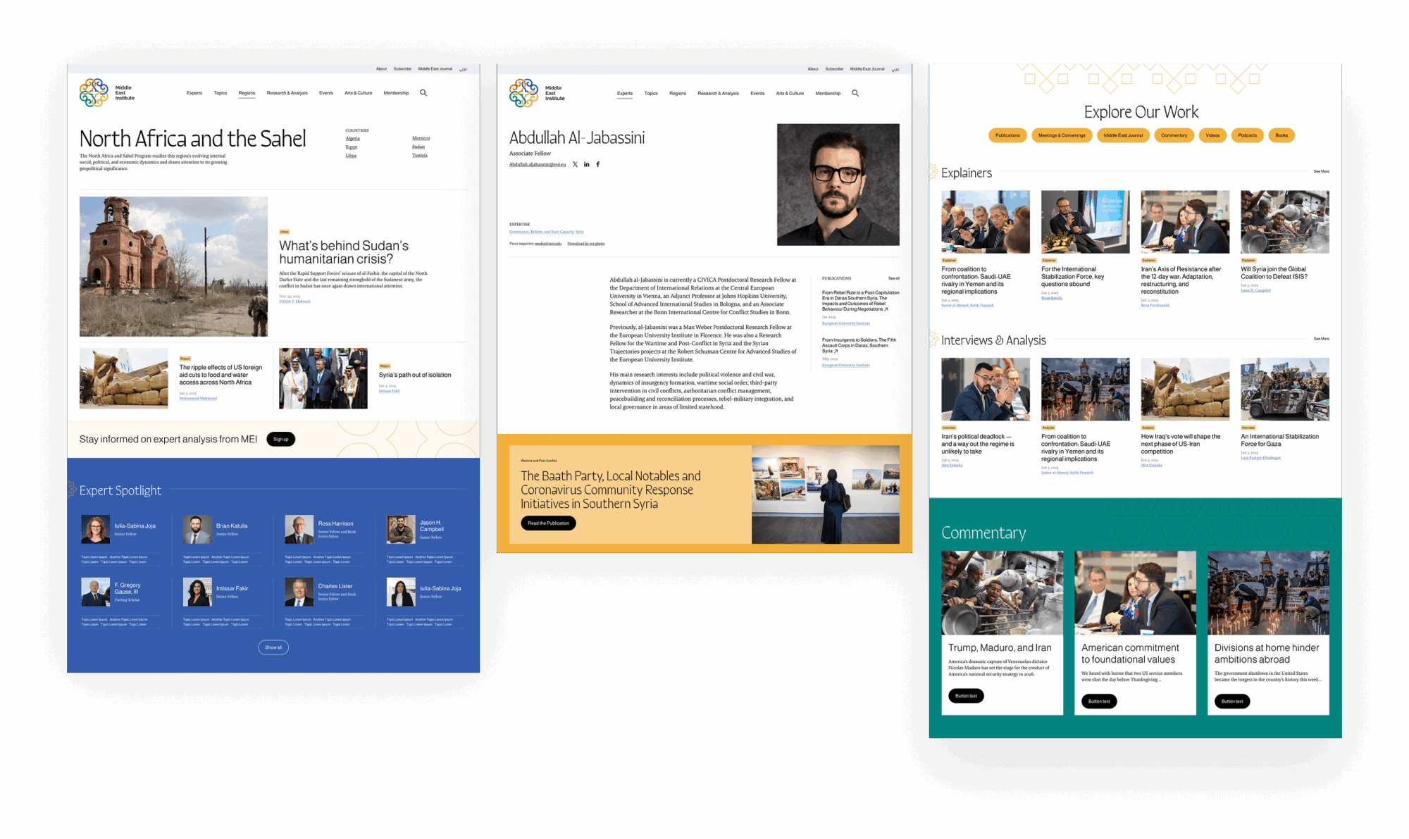 Three website page designs showing research articles, an expert profile, and curated publications with images and navigation menus for the policy sections of the Middle East Institute website.
