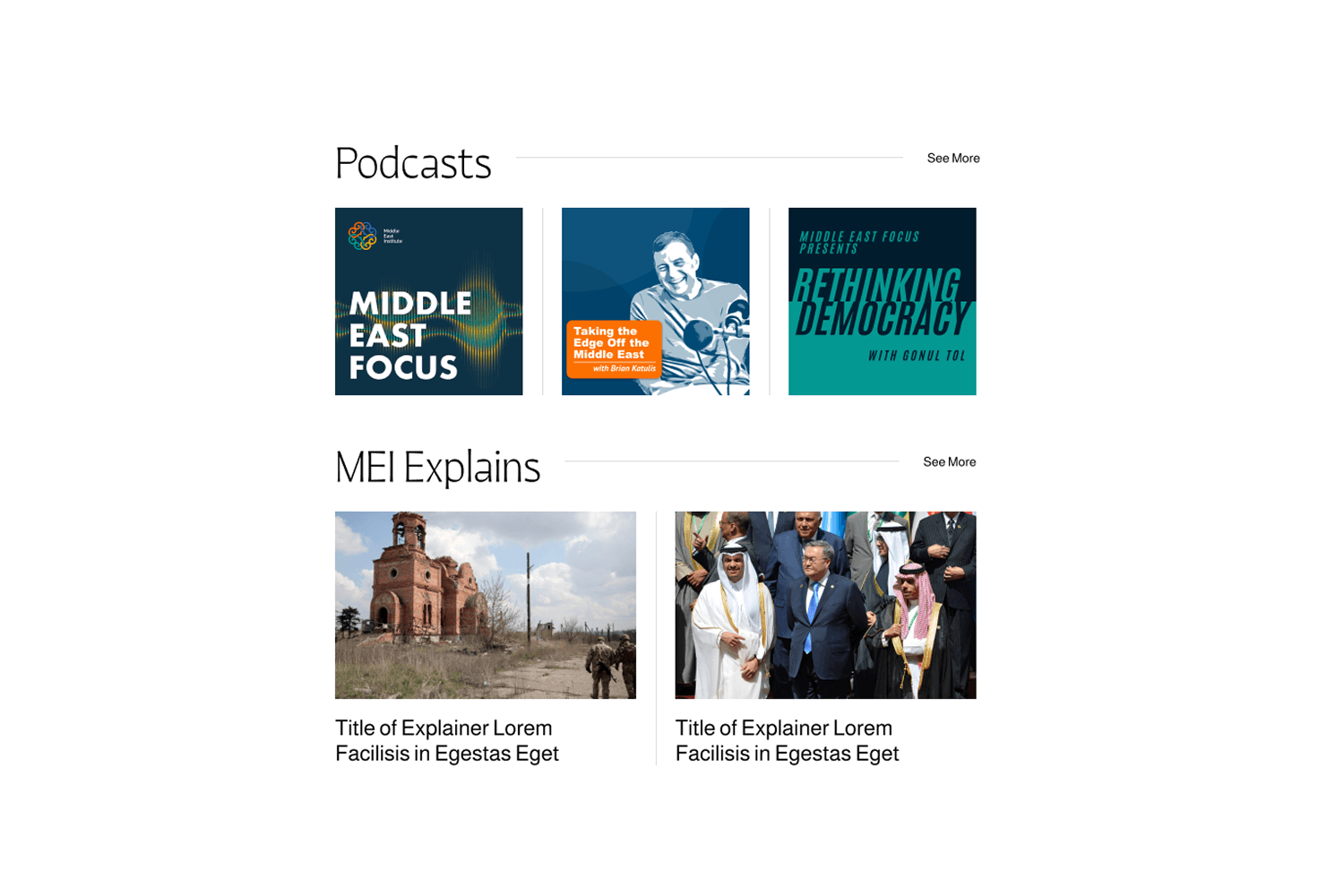 Website section showing podcast cover art and a grid of explainer articles with thumbnail images and titles.