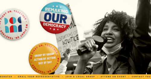 collage of a woman holding a megaphone at a protest with several Indivisible branded pins.