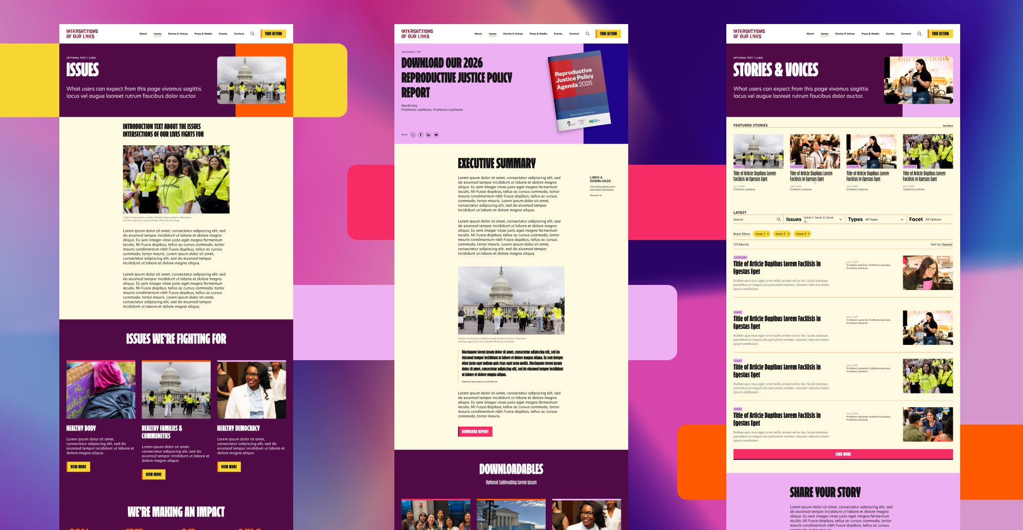 Various web pages set on a kaleidoscope background