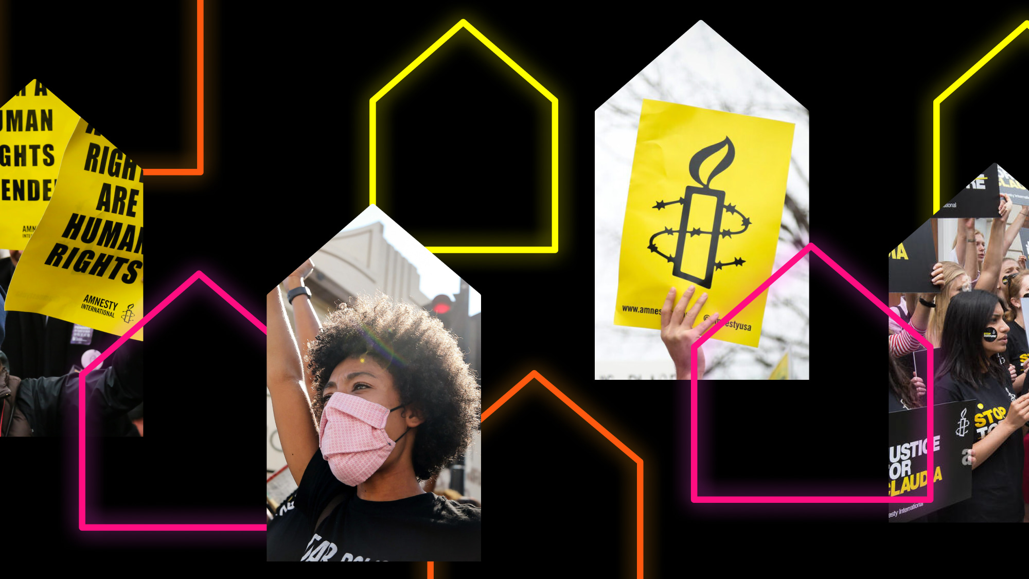 Graphic collage of images cropped to house shape and outlined, neon houses overlapped.