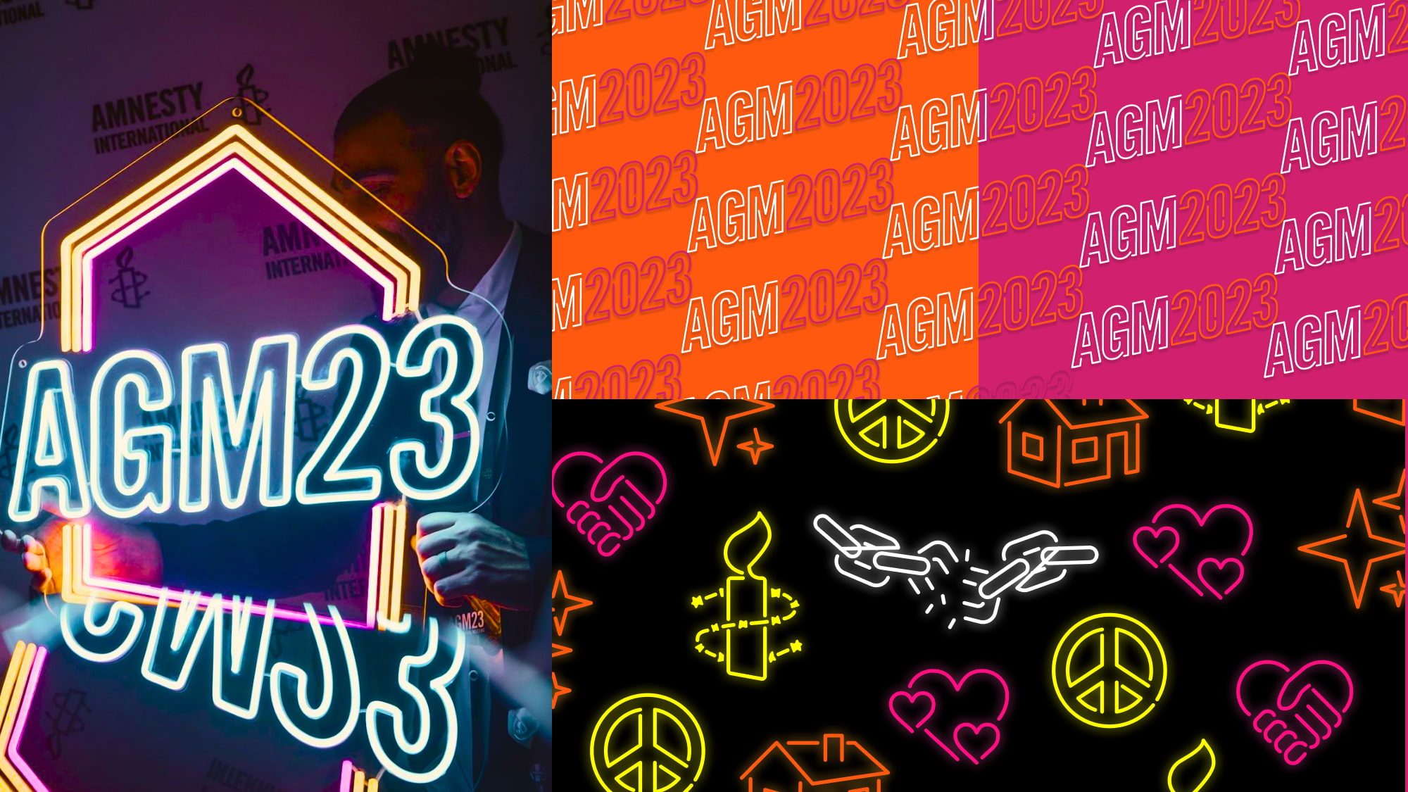 Collage of AGM23 branded elements: photo of custom neon logo sign; typographic patterns; and icon-graphic patterns