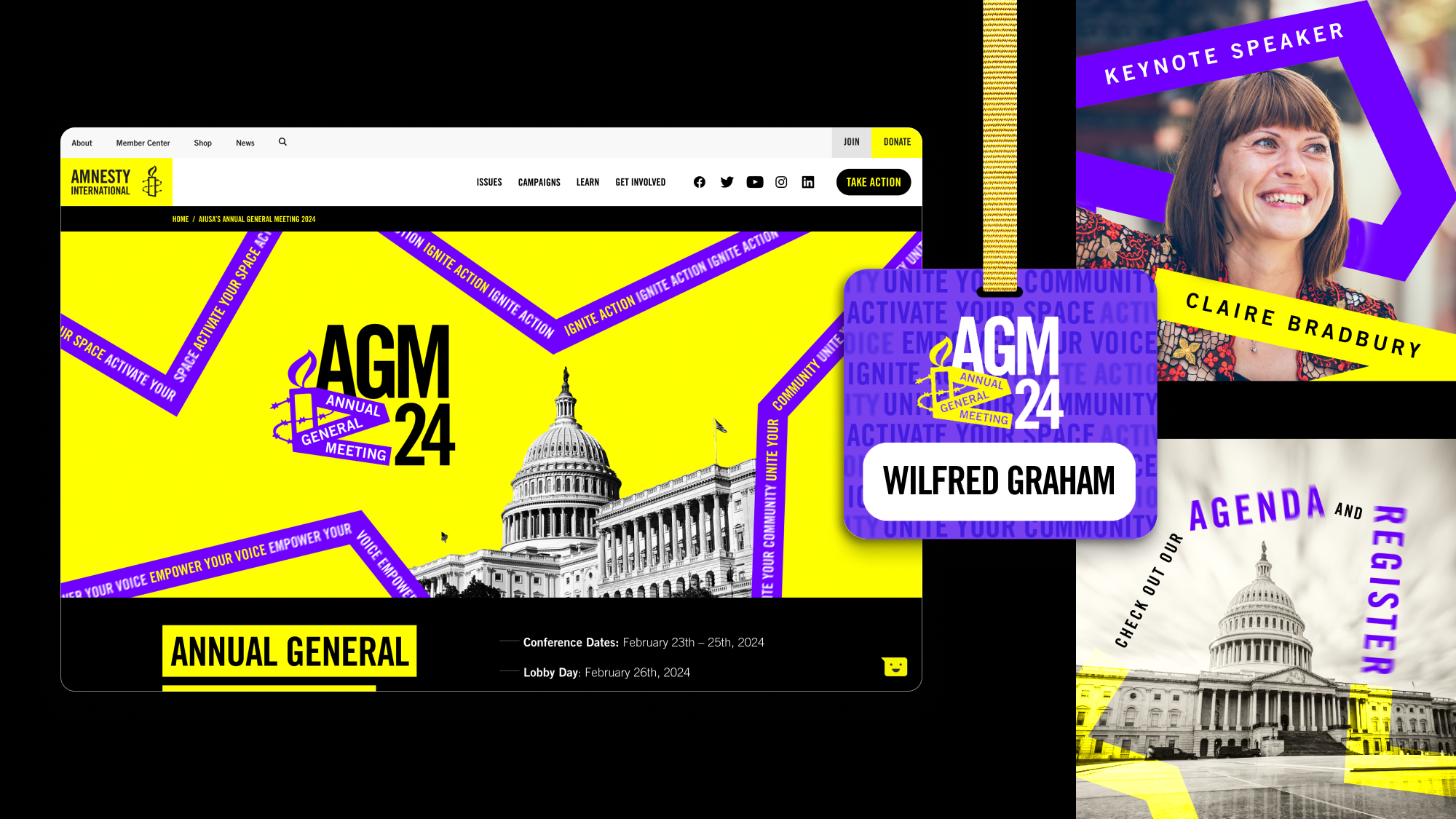 AGM24 event collateral including website landing page, nametag, and social posts.