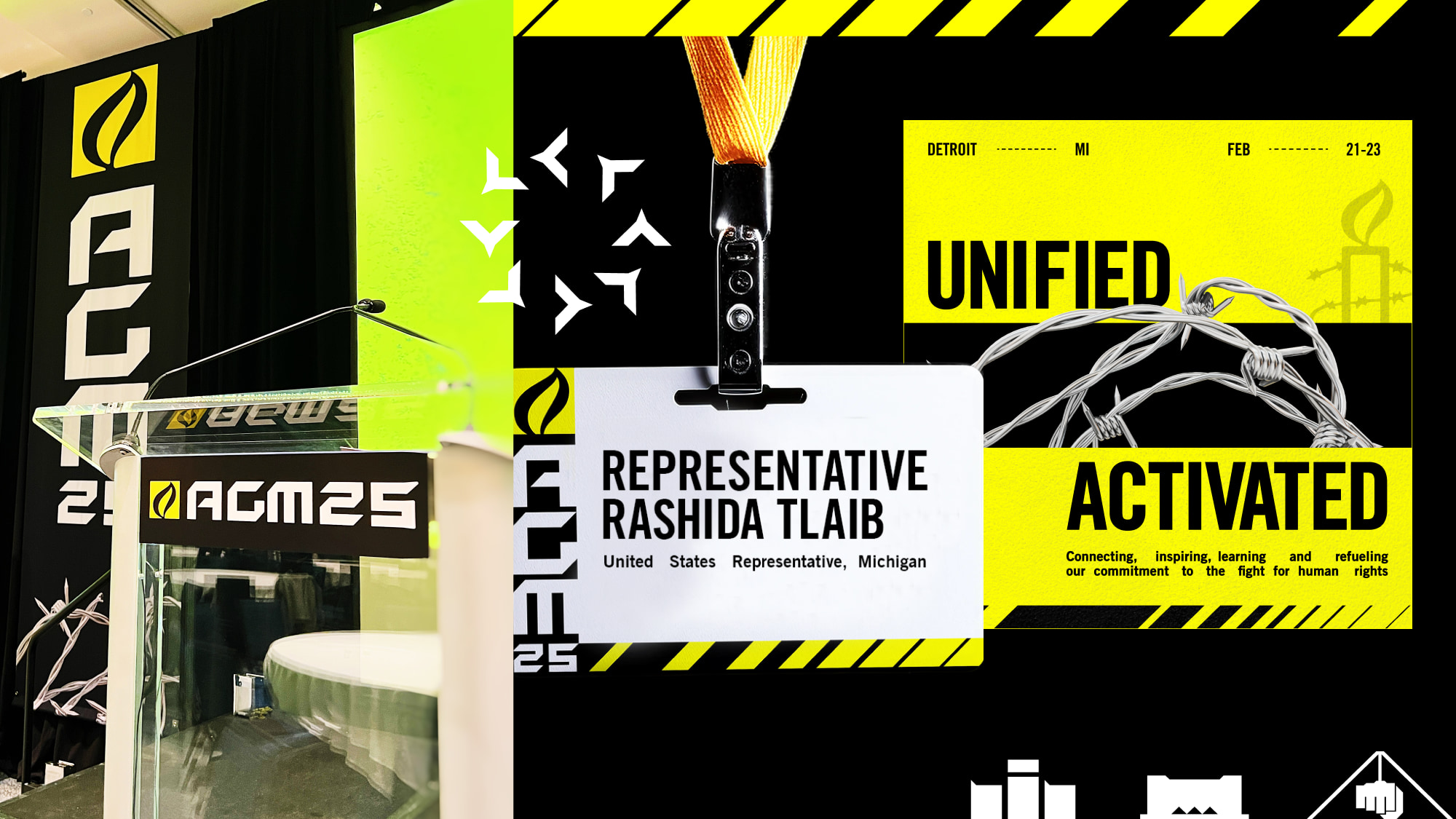 Collage of event collateral including a podium, dove circular badge, nametag, social posts, and icons.