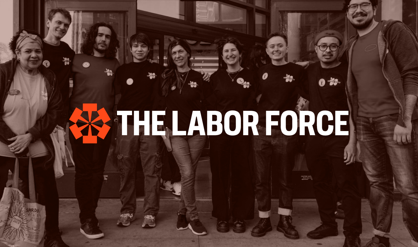 Image of a group of workers with the Labor Force logo on top