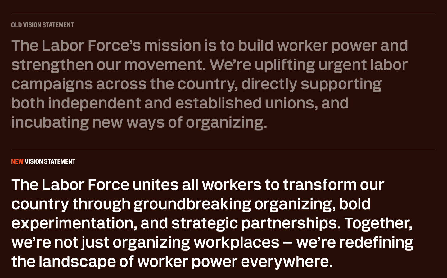 Old and new versions of the Labor Force brand messaging