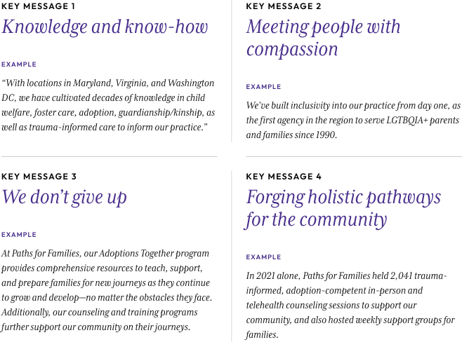 Key messaging pillars from the Paths for Families brand strategy