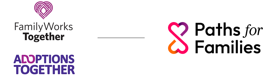 A side by side comparison of the original Adoptions Together and Family Works Together logos next to the new Paths for Families logo