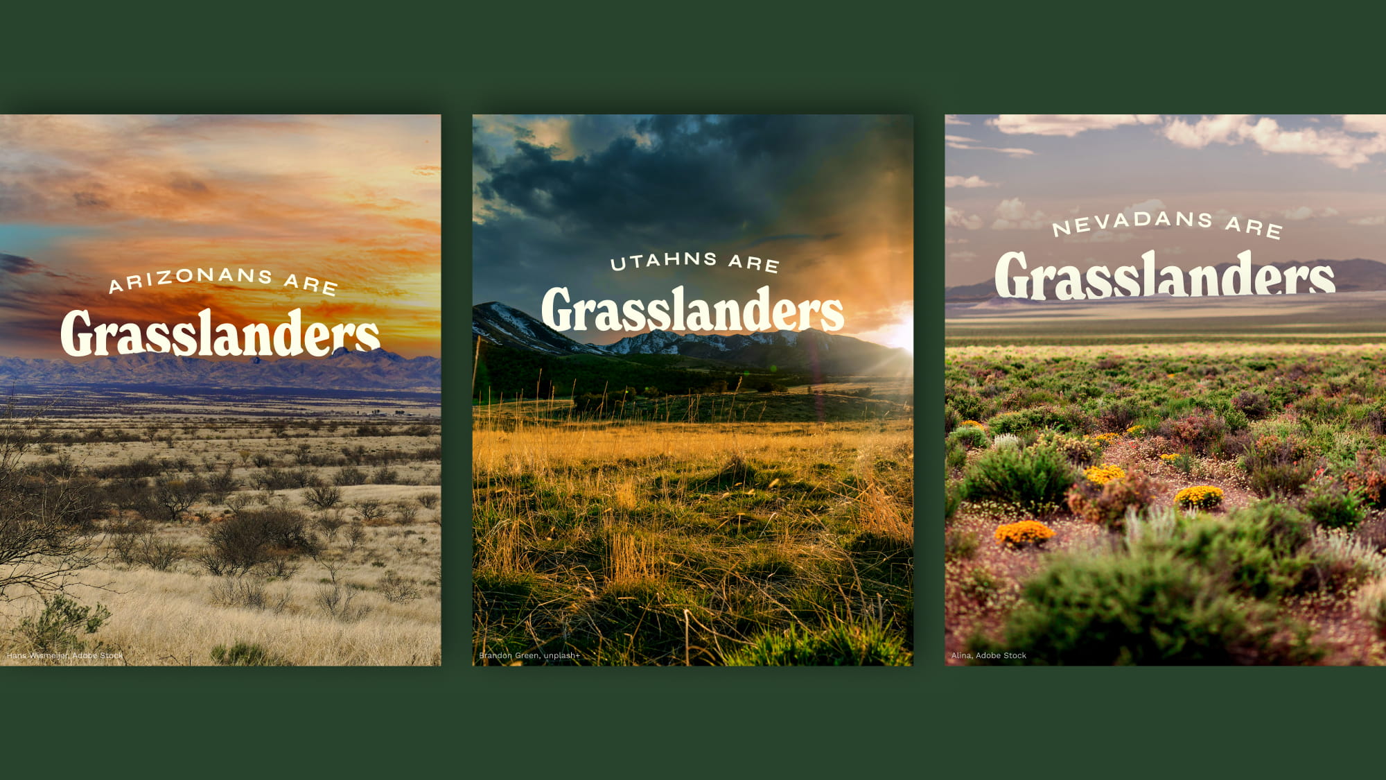 Three grasslands regional ads featuring local landscapes for: Arizona, Utah, Nevada