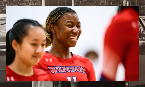 Smiling Black teen in a Winsor jersey layered on top of a historic Winsor photo border
