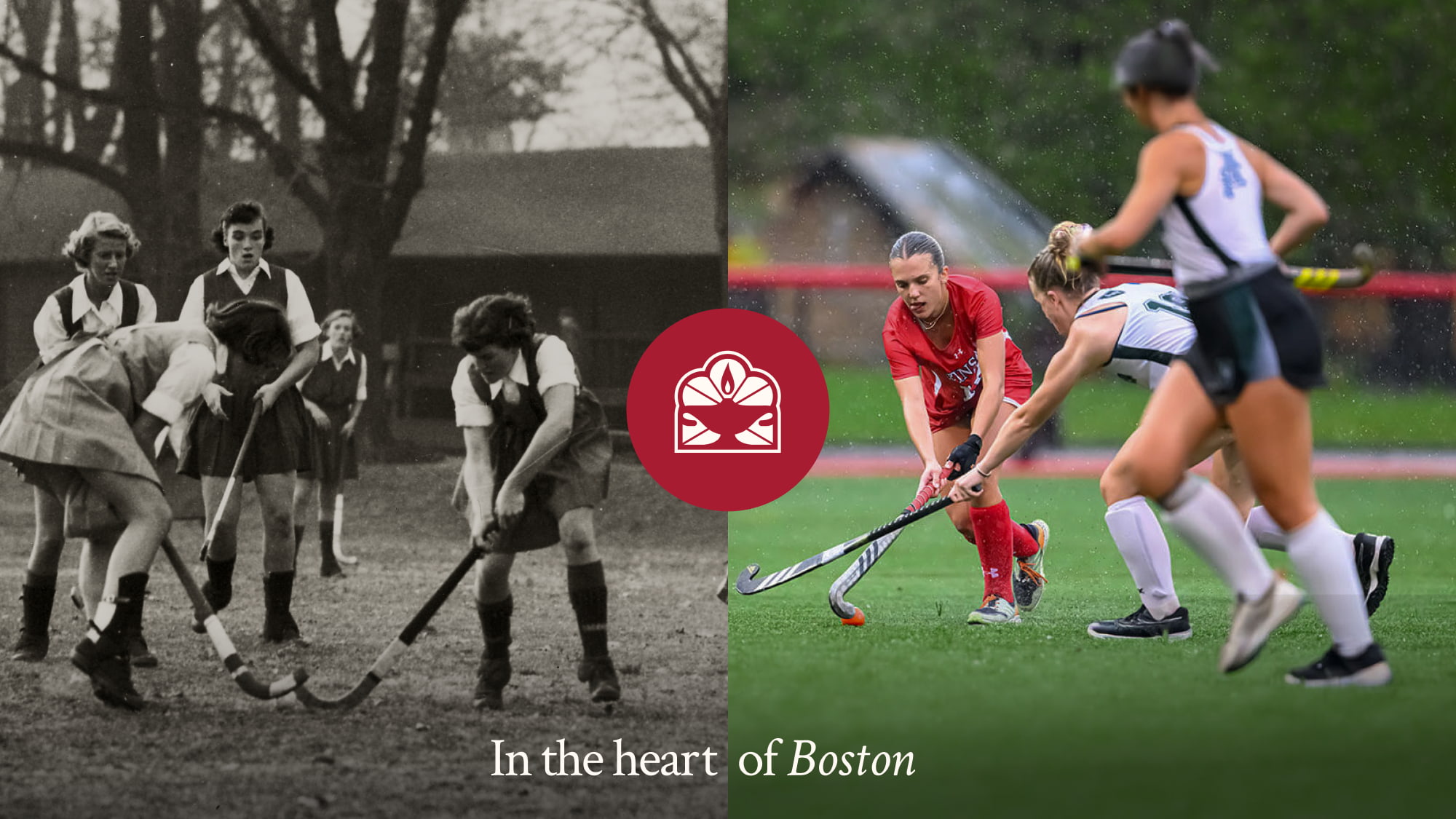 Side-by-side layout of historic Winsor school hockey photo and a recent hockey photo of women playing on the field. The winsor lamp logo sits on a red logo at the center of the composition on the dividing line between the two images. A headline reads, 