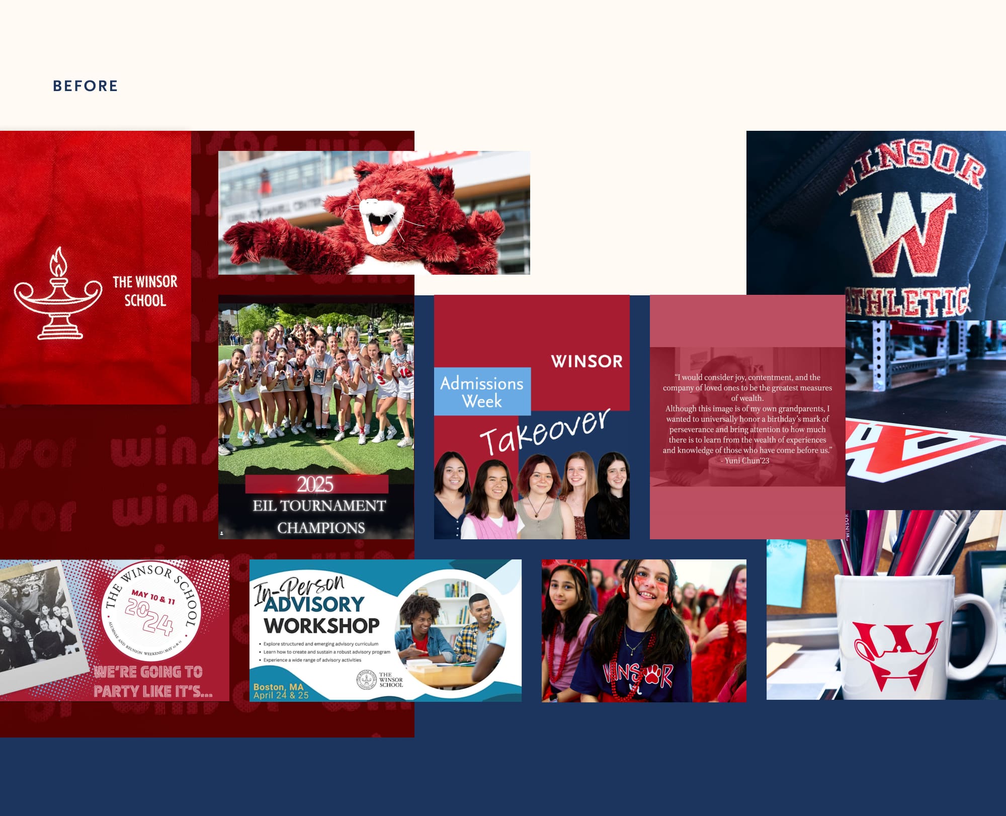 Collage of inconsistent Winsor branding before the rebrand