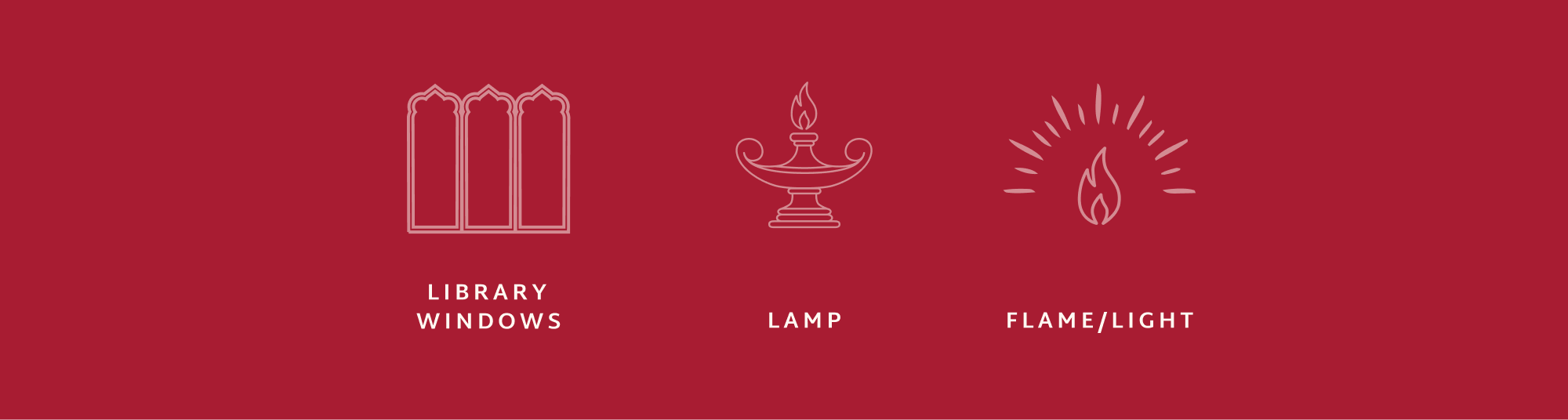 Icons of the logo symbolism on a bright crimson background: library window, lamp, flame/light