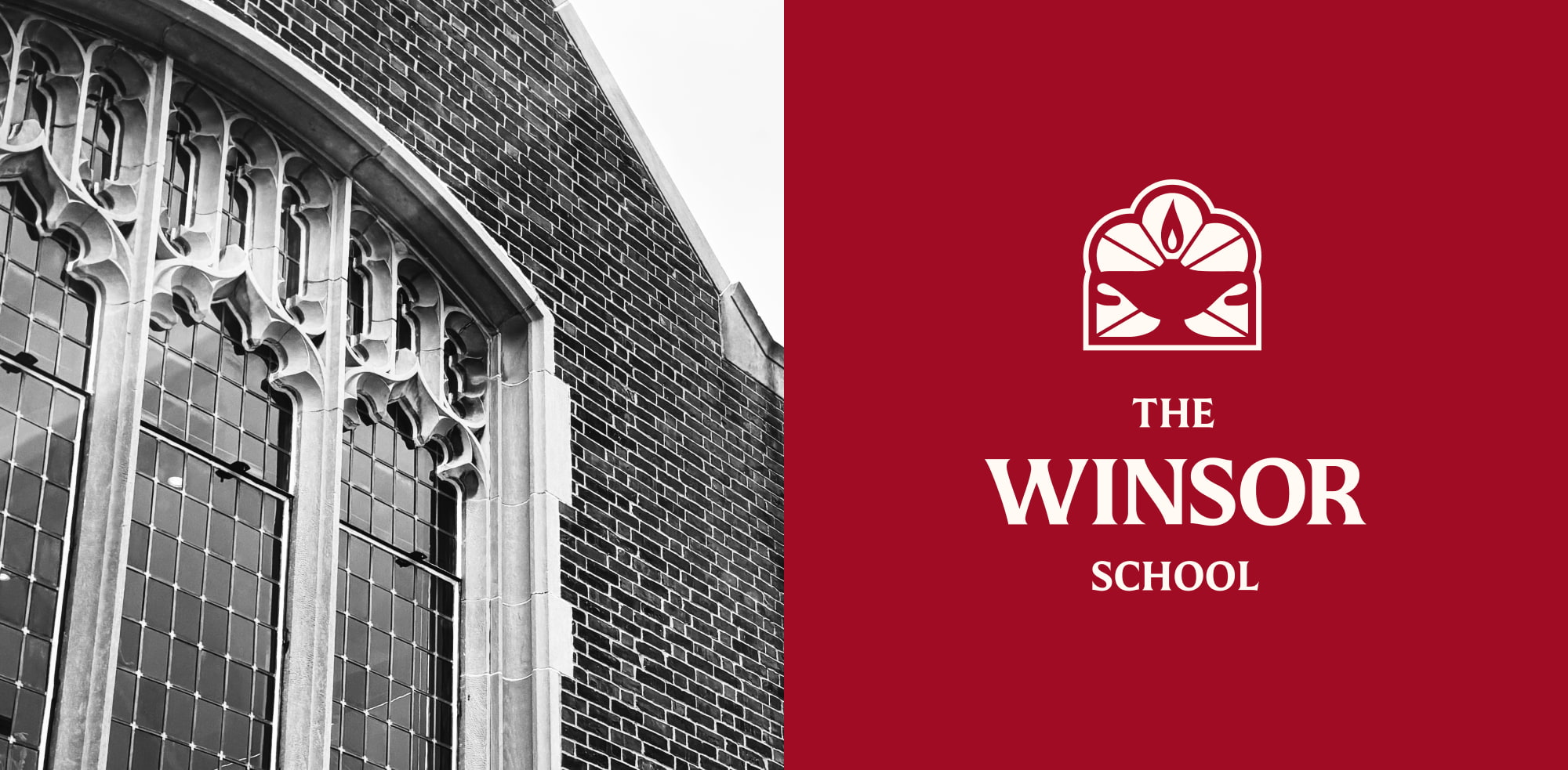 Side-by-side black and white photo of the Winsor library windows on the right; on the left is the Winor full horizontal lock-up reading 