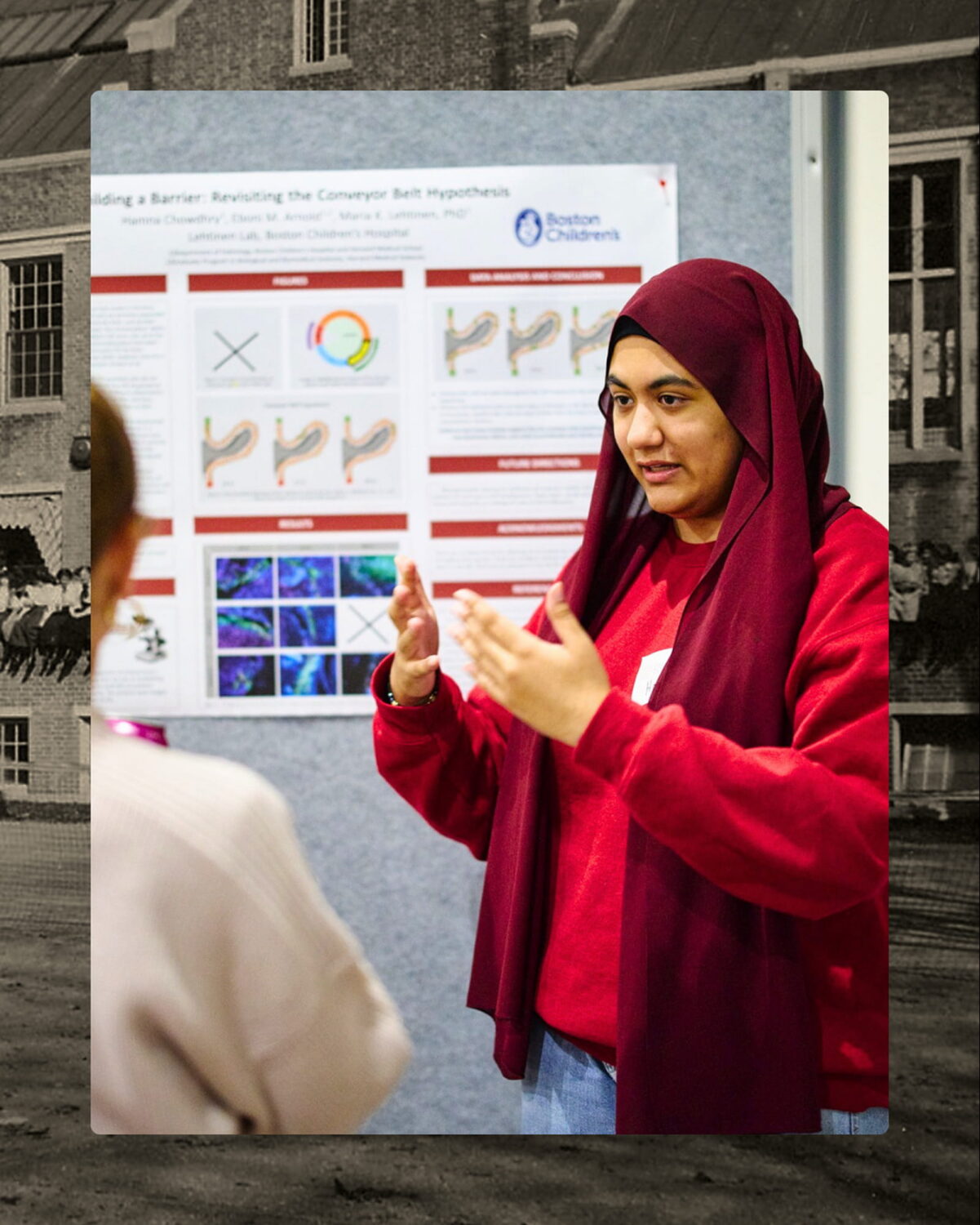 Photo of a Winsor student in a hijab presenting layered on top of a sepia historic photo border